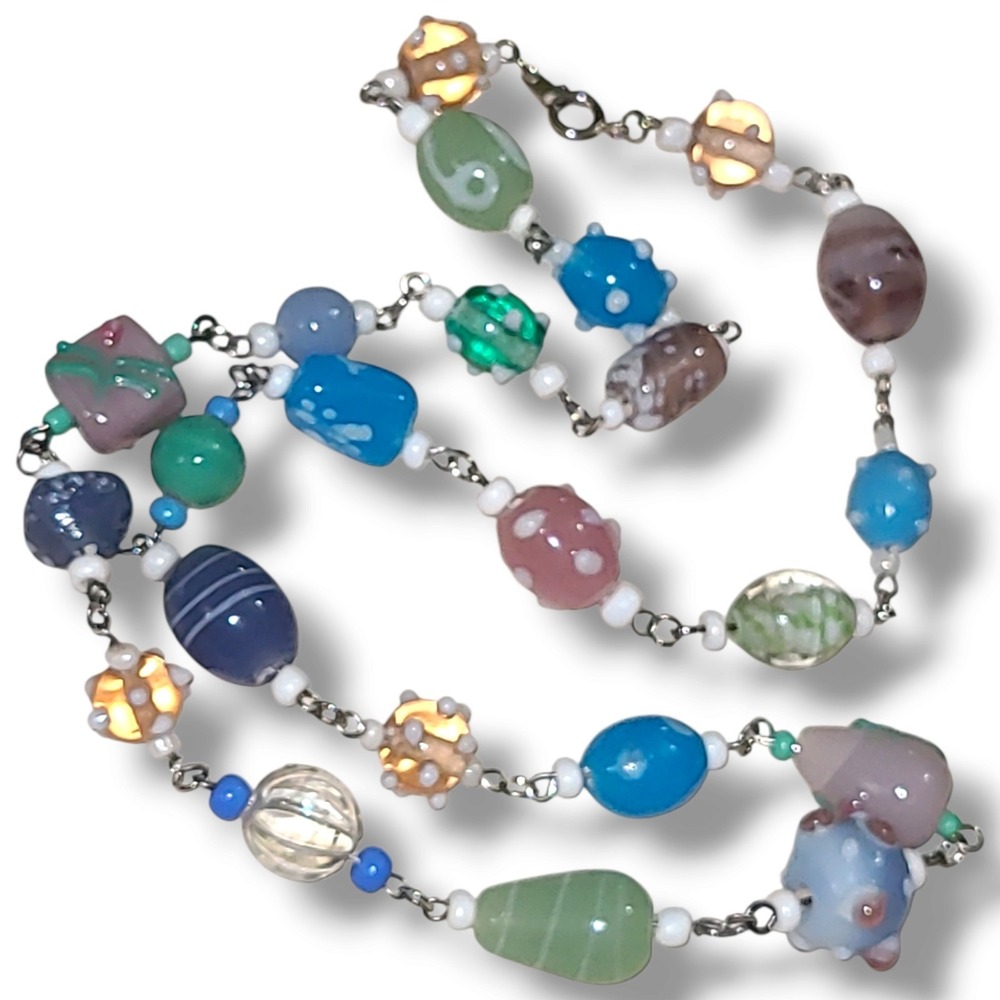Pastel Lamp Work Glass Bead Statement Necklace Pink Blue Green 24"